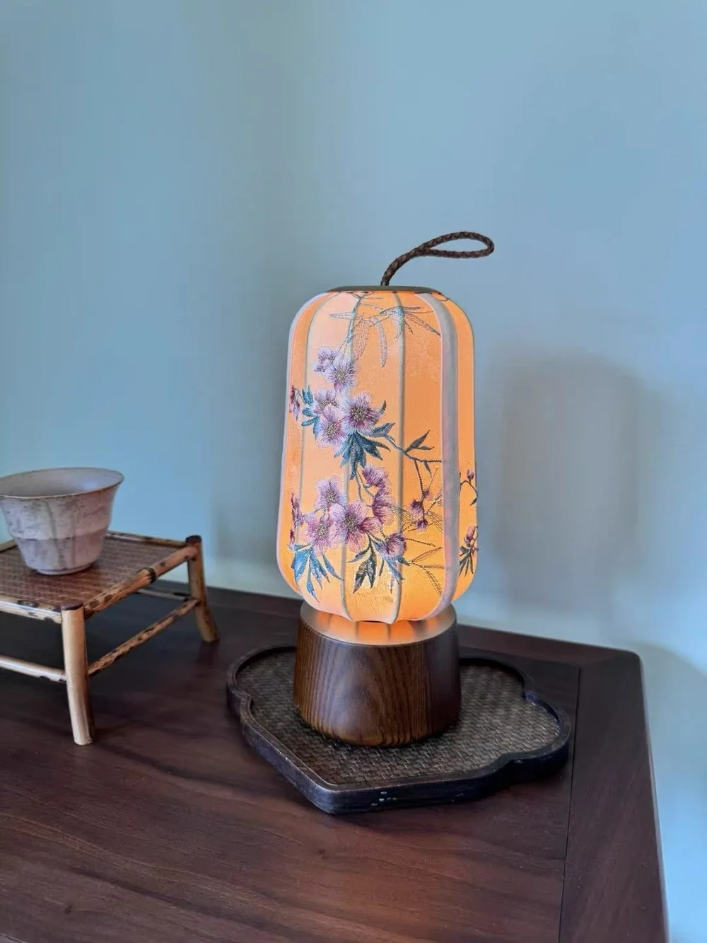 Gold Floral Embroidered Lantern with Wooden Base